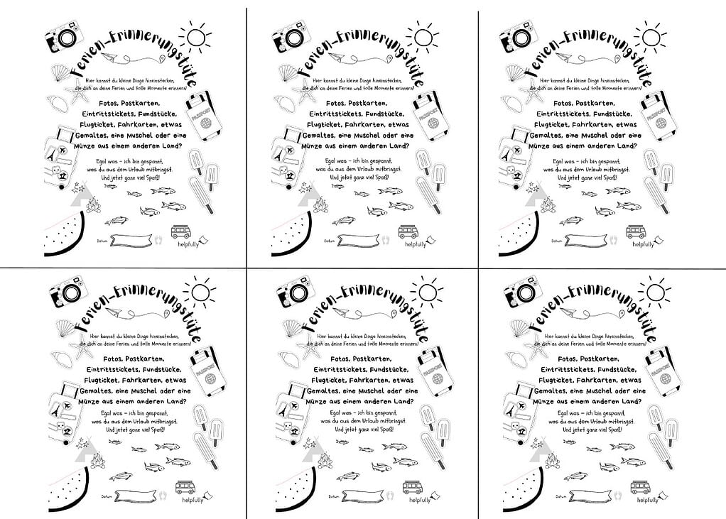 Zum Basteln von Erinnerungstüte für die Sommerferien hier eine Vorlage mit 6 Tütenstickern