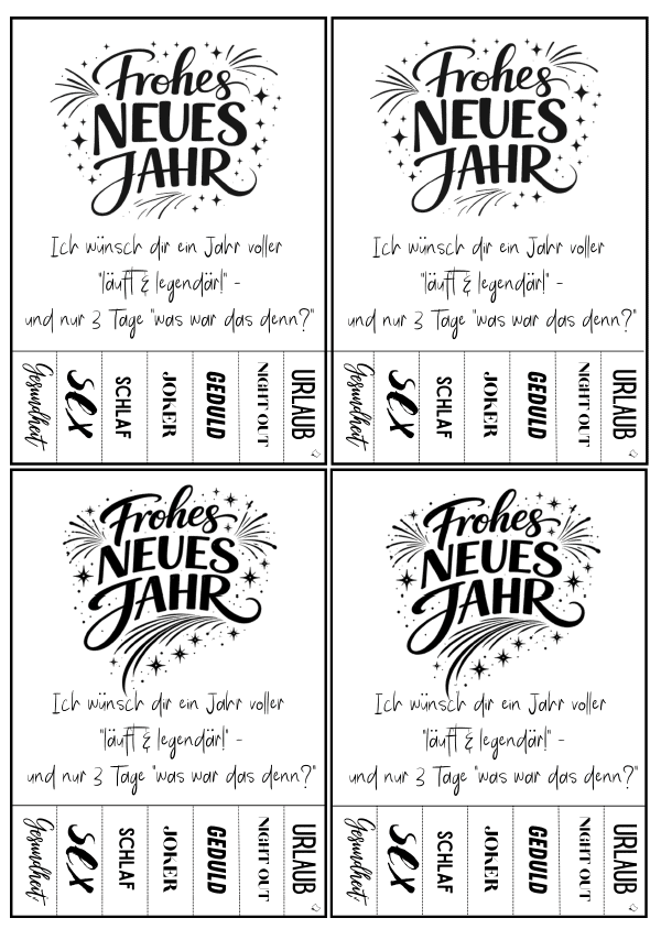 Coole Neujahrskarte zum Ausdrucken und Basteln als Gratis-Vorlage in Form von Abrißzettel für Erwachsene