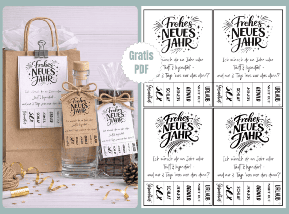 Lustige, coole Neujahrskarten kostenlose Vorlage mit Abreißzetteln für gute Wünsche