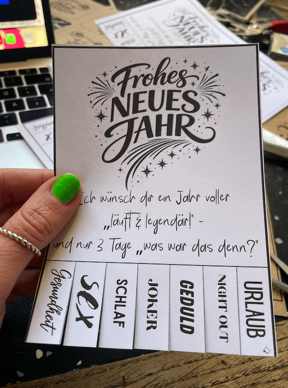 Coole Abrißzettel-Karte für Neujahr für Erwachsene aus weißem Druckpapier