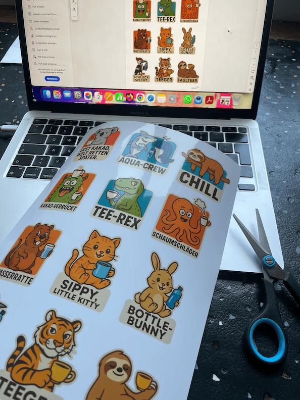 Bastelvorlage Tiersticker mit Sprüchen zu Getränken