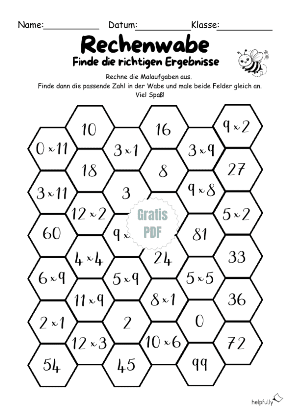 Multiplikations-Arbeitsblatt. Wabensystem mit Aufgaben und Lösungen zuordnen