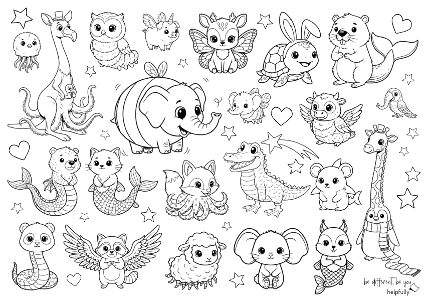 Lustiges Ausmalbild mit Tieren, die aus zwei Tieren bestehen