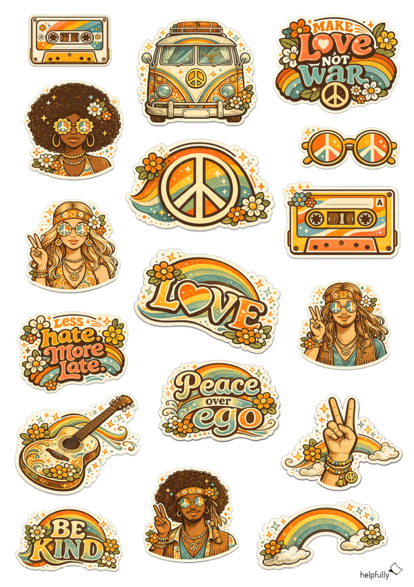 Retro-Sticker mit Peace, Hippie, Love und Rengenbogen Symbolen zum Ausdrucken