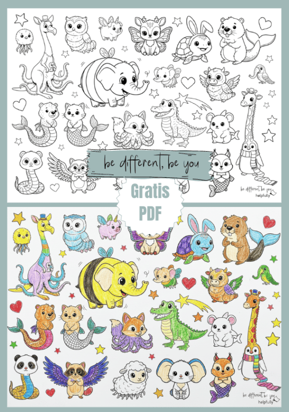 Lustiges Ausmalbild mit Chimären, also zwei Tiere im Mix nach dem Motto "be different, be you"