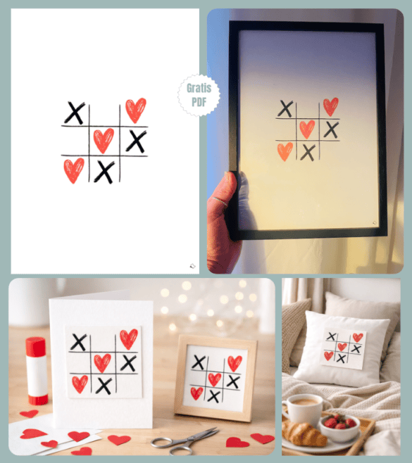 Schönes Wandbild und Bastelvorlage rzum Ausdrucken mit Herzen-Tic-Tac-Toe