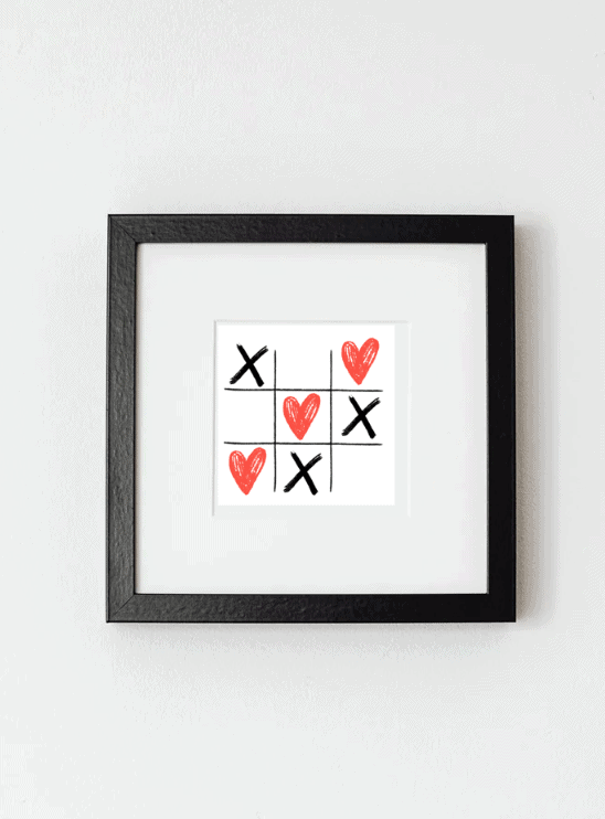Auch im kleinen Rahmen, ausgeschnitten, ist das Tic Tac Toe mit Herzen eine schöne Dekoidee