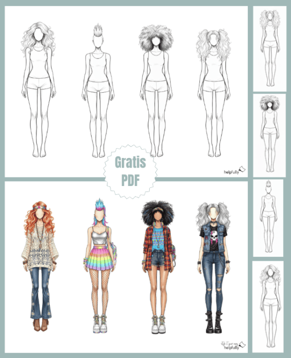 Vorlagen mit Frauenmodellen für eigene Modezeichnungen und Skizzen zum Ausdrucken