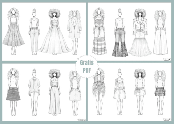 Modezeichnungen mit Models, die Kleidung tragen zum Ausdrucken und Anmalen