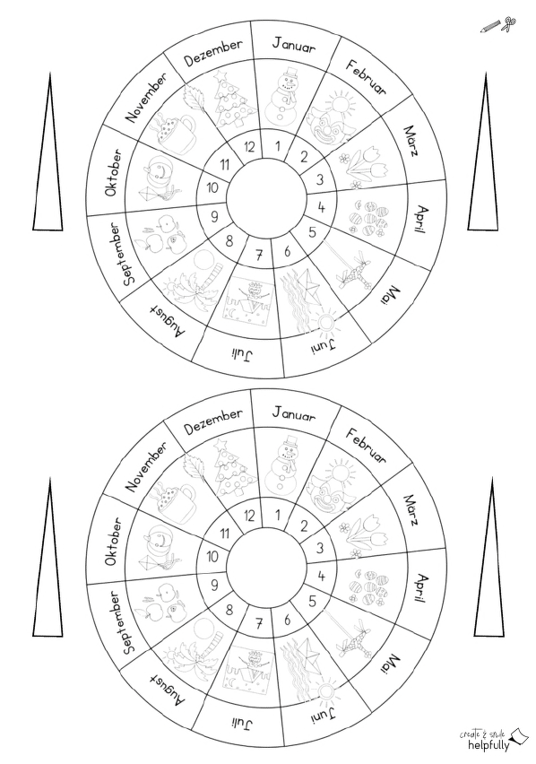 Jahres-Rad oder Uhr zum Ausdrucken mit Monaten und Zahlen sowie typischen Motiven zum Ausmalen