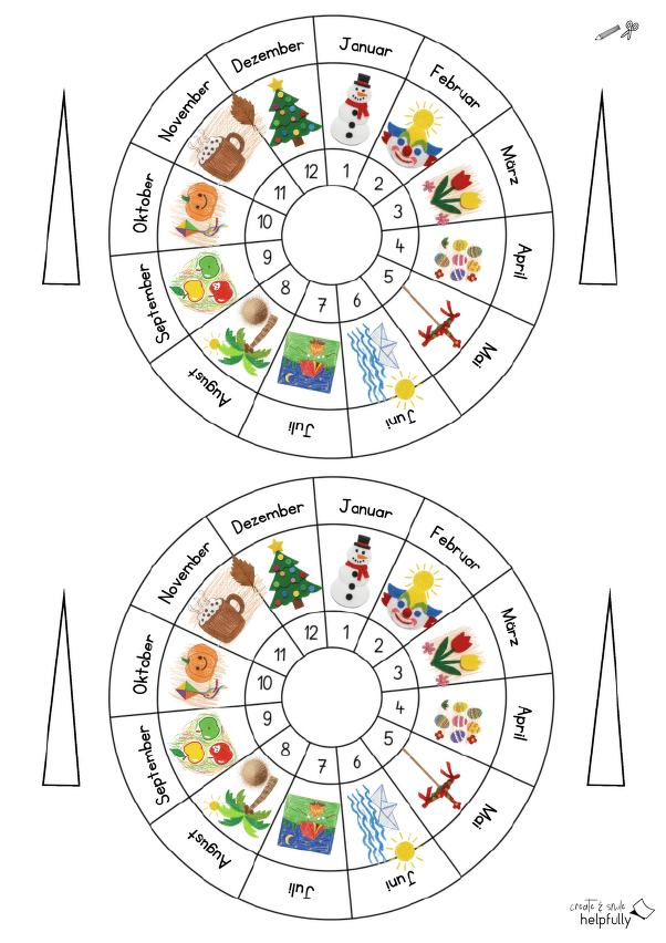 Jahres-Rad oder Uhr zum Ausdrucken und Basteln mit Monaten und Zahlen sowie typischen Motiven in bunten Farbe