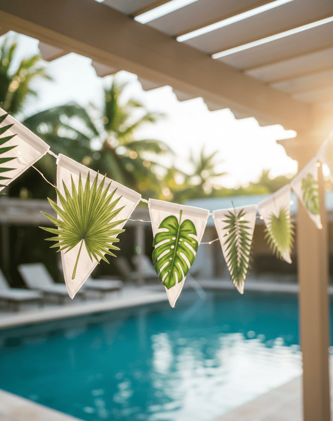 An einer Girlande im Sommer sind die Palmblätter aus Papier auch eine tolle Dekoidee