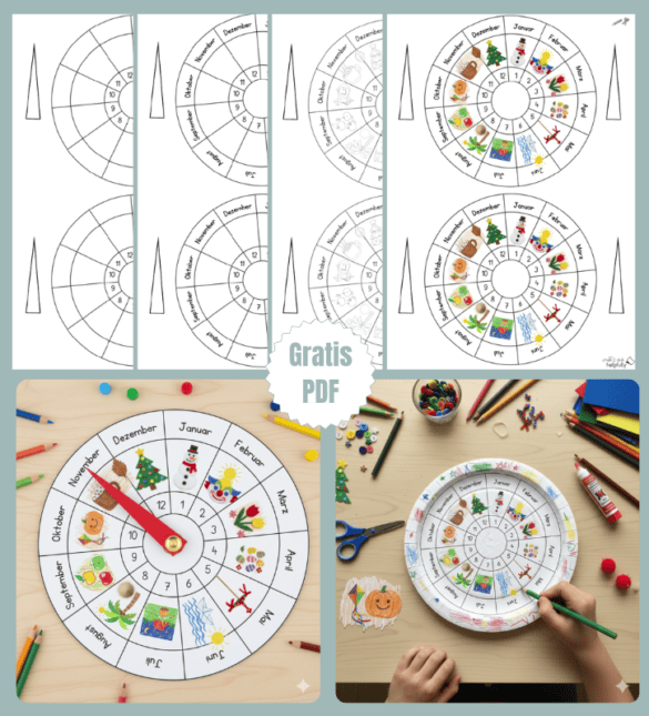 Jahre und Monate lernen mit den Bastelvorlagen zum Ausdrucken mit Rad oder als Uhr