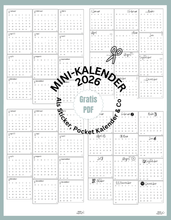 2026 Kalender mit jeweils 12 Monaten zum Ausdrucken und Ausschneiden