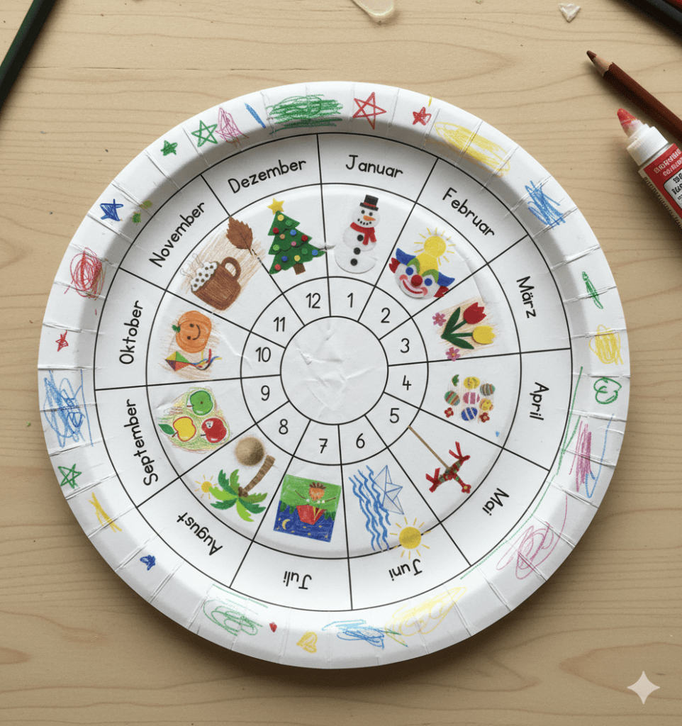 Rad mit allen 12 Monaten, Zahlen und Monats-typischen Motiven zum Ausdrucken und Basteln