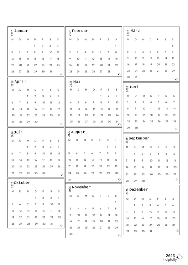 Simpler Kalender 2026 mit 12 Monaten zum Ausdrucken