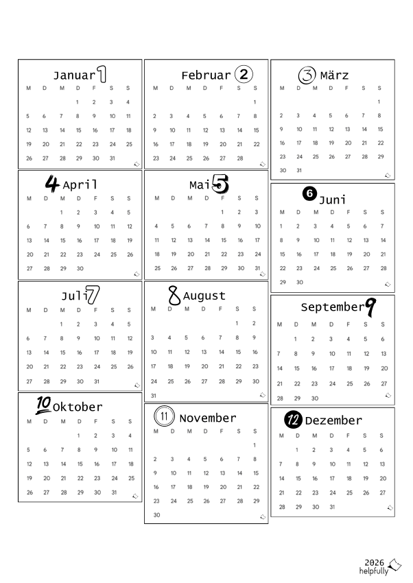 Kalender 2026 mit 12 Monaten zum Ausdrucken
