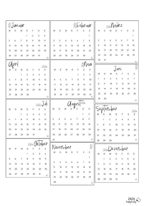 Kalender 2026 mit 12 Monaten zum Ausdrucken