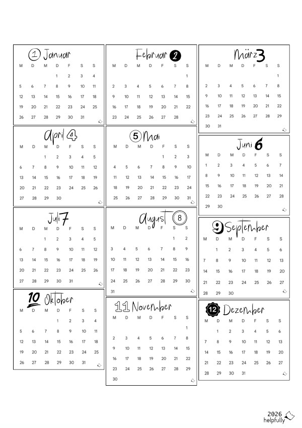 Kalender 2026 mit 12 Monaten zum Ausdrucken