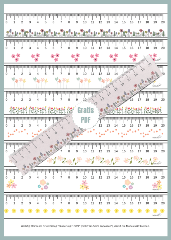 Lineale aus Papier mit 20 cm Länge ausdrucken, mit Blumen dekoriert