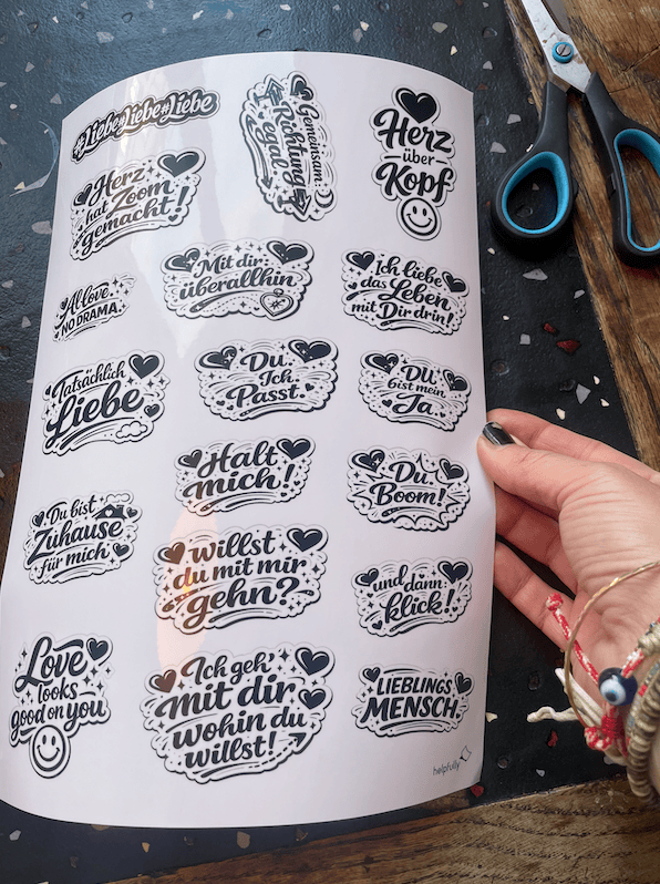 Vorlage mit Liebes-Sprüchen zum Ausdrucken als Sticker, Tattoos und mehr Bastelleien