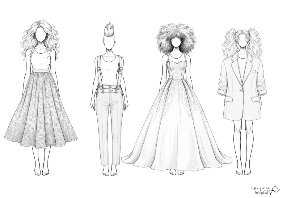 Models mit Kleidung zum Ausdrucken und Ausmalen als Modezeichnungen