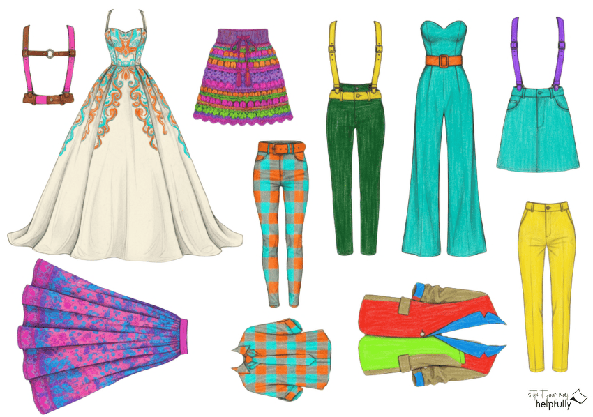 Modezeichnung mit Kleidung in knalligen Farben zum Ausdrucken und Ausschneiden