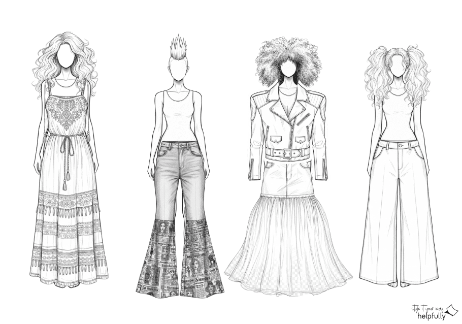 Mode-Skizzen: Models mit Kleidung zum Ausdrucken und Ausmalen