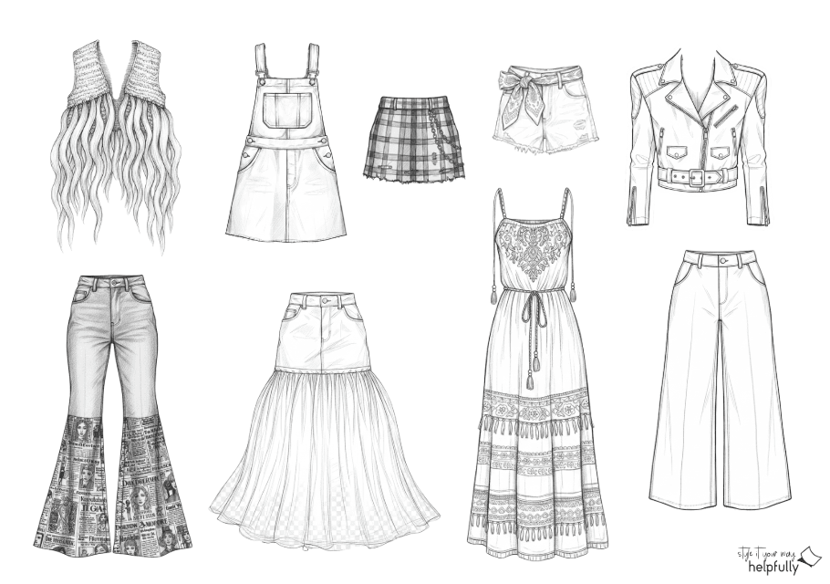 Modezeichnung mit Kleidungsstücken in schwarz-weiß zum Ausdrucken und Ausschneiden