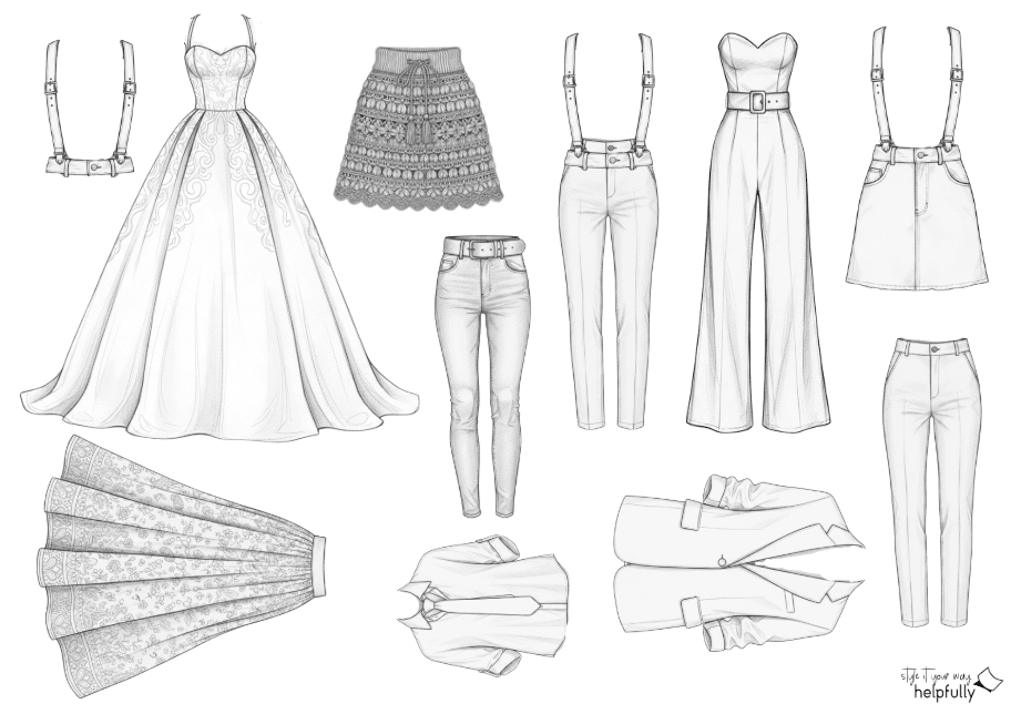 Modezeichnung mit Kleidungsstücken in schwarz-weiß zum Ausdrucken und Ausschneiden