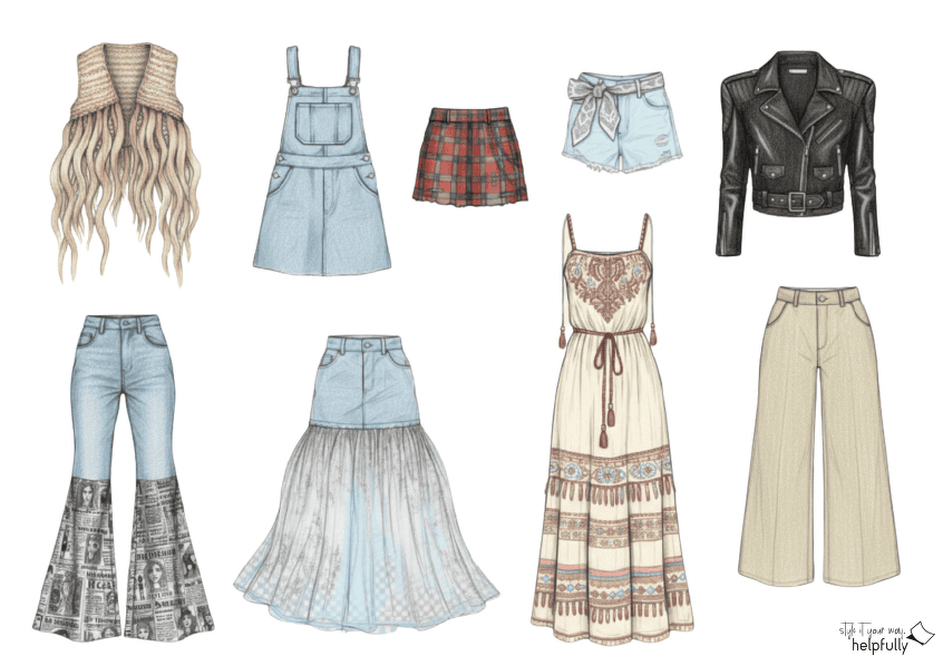 Modezeichnung mit Kleidungsstücken in dezenten Farben zum Ausdrucken und Ausschneiden