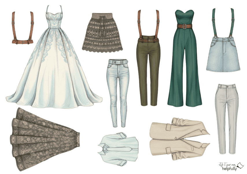 Modezeichnung mit Kleidungsstücken in dezenten Farben zum Ausdrucken und Ausschneiden