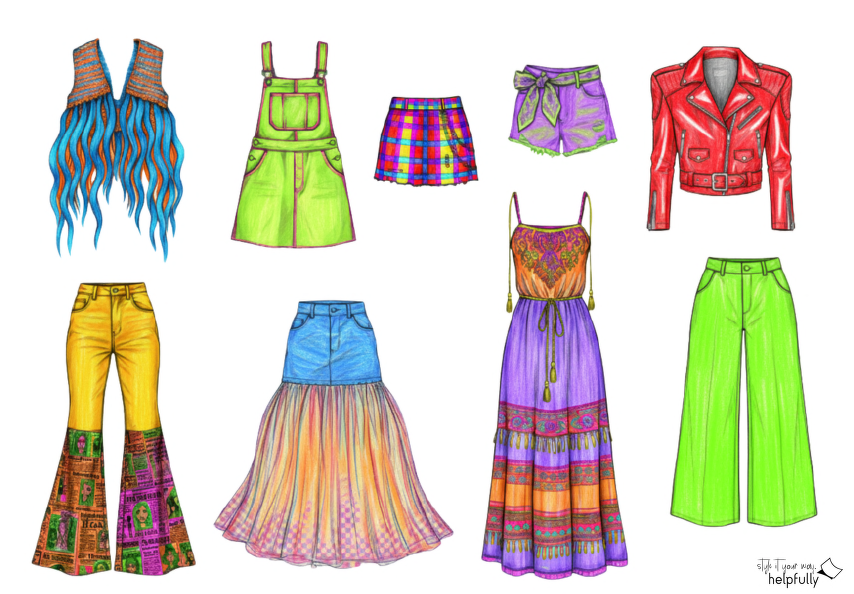 Modezeichnung mit Kleidungsstücken in knalligen Farben zum Ausdrucken und Ausschneiden