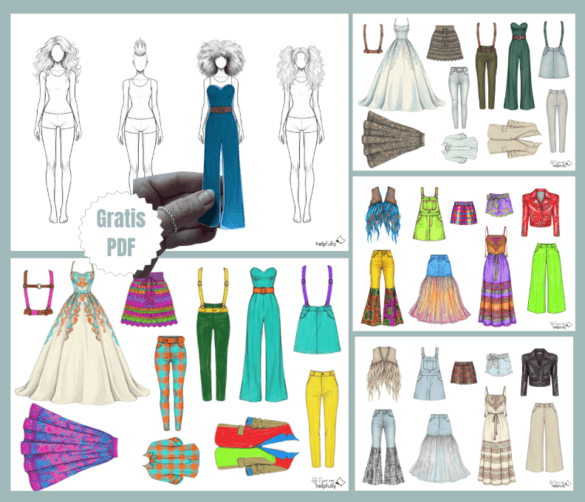 Modezeichnungen von Kleidung zum Ausdrucken, Ausschneiden und Kombinieren