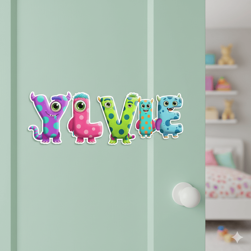 Als Sticker an der Kinderzimmertür als monstermäßiges Namensschild eine mega Idee