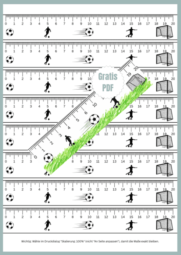 Lineale aus Papier mit 20 cm Länge ausdrucken, mit Fußballmotiven