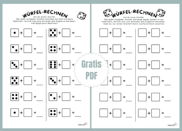Rechenspiel für die 1+2. Klasse mit Plusaufgaben, die gewürfelt werden