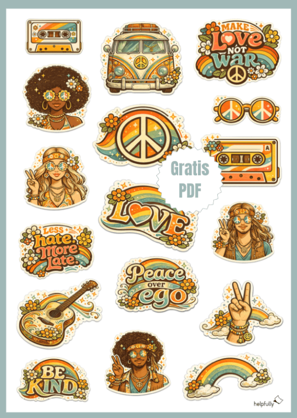 Hippie, Peace und Love Symbole im Retrolook für Sticker und mehr ausdrucken