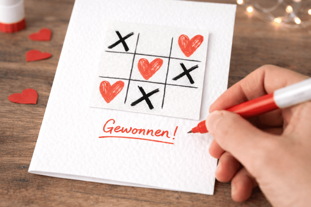 Tic Tac Toe mit Herzen als Bastelvorlage ausdrucken und als Karte verwenden 