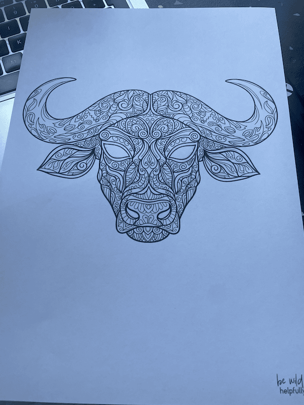 Büffelkopf als Mandala zum Ausdrucken, toll für Erwachsene