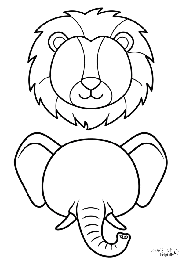 Tiermasken zum Ausdrucken, hier Löwe und Elefant ohne Augen