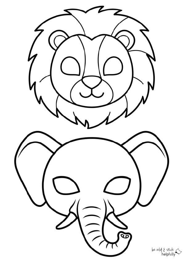 Tiermasken zum Ausdrucken, hier Löwe und Elefant mit Augen