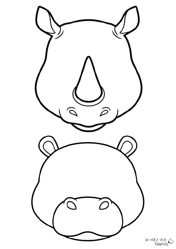 Tiermasken zum Ausdrucken, hier Nashorn und Nilpferd ohne Augen