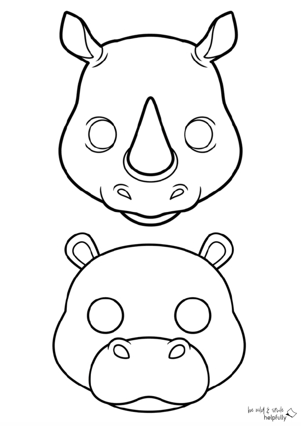 Tiermasken zum Ausdrucken, hier Nashorn und Nilpferd mit Augen
