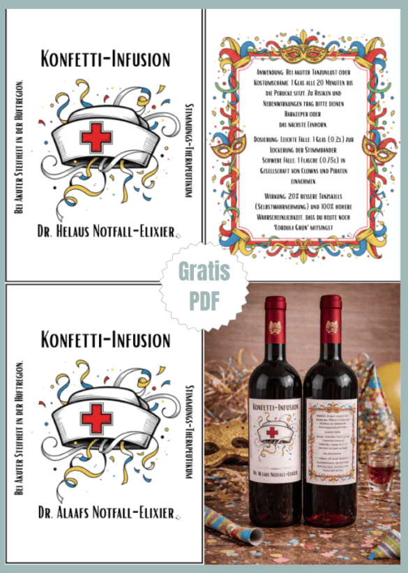 Lustige Weinetiketten für Fasching/Karneval zum Ausdrucken
