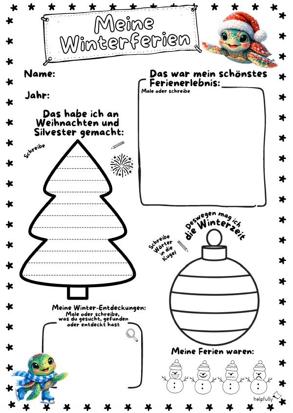 Süße Vorlage für die Grundschule zu den Winterferien zum Ausfüllen mit süßen Meeresschildkröten