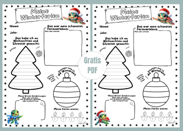 Rückblick für die Winterferien zum Ausdrucken in der Grundschule mit süßen Meeresschildkröten