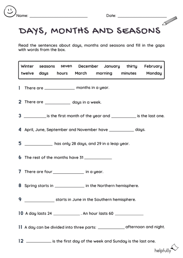 Englisch Arbeitsblatt mit Lückentext zum Ausfüllen rund um Tage, Monate, Jahreszeiten