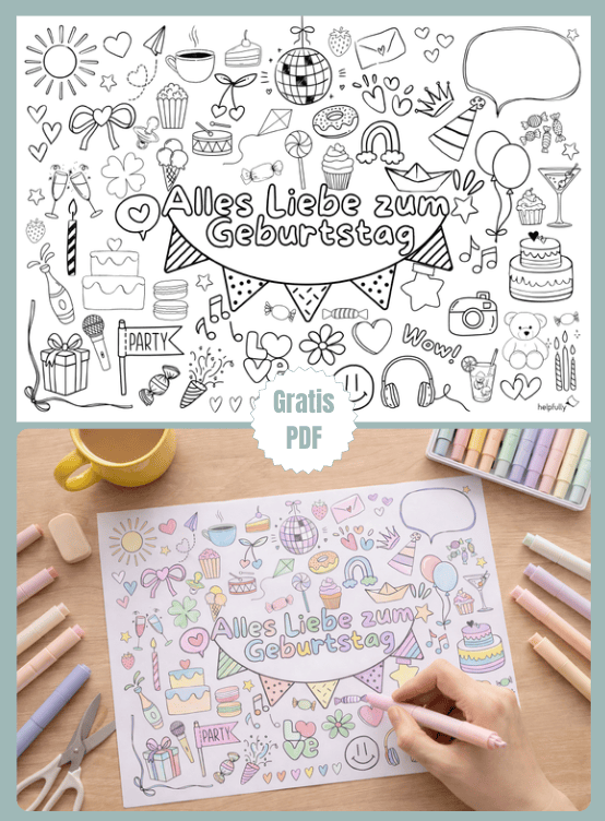 Ausmalbild für Erwachsene mit Alles Liebe zum Geburtstags Schriftzug und Doodles