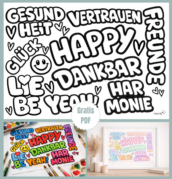 Cooles Ausmalbild mit positiven Wörtern zum Ausdrucken für Happy Vibes